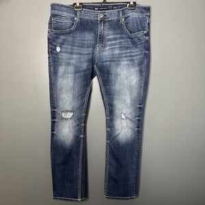 Men's BKE (Buckle) Carter 38x30 Blue Fade Whiskered Denim Jeans Thick Stitch